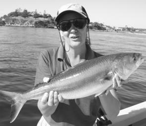 Jan Redman with a 3kg salmon caught at the entrance to Bermagui Harbour.